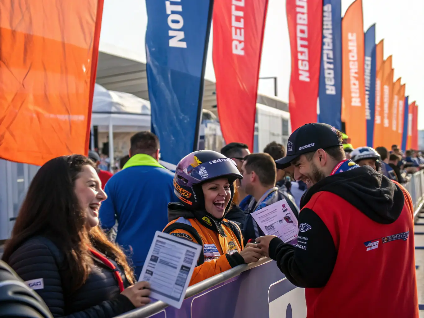 A group of enthusiasts chatting and sharing experiences at a motorsport event, highlighting the community aspect of PRT PORTIER RACING TEAM's gatherings.
