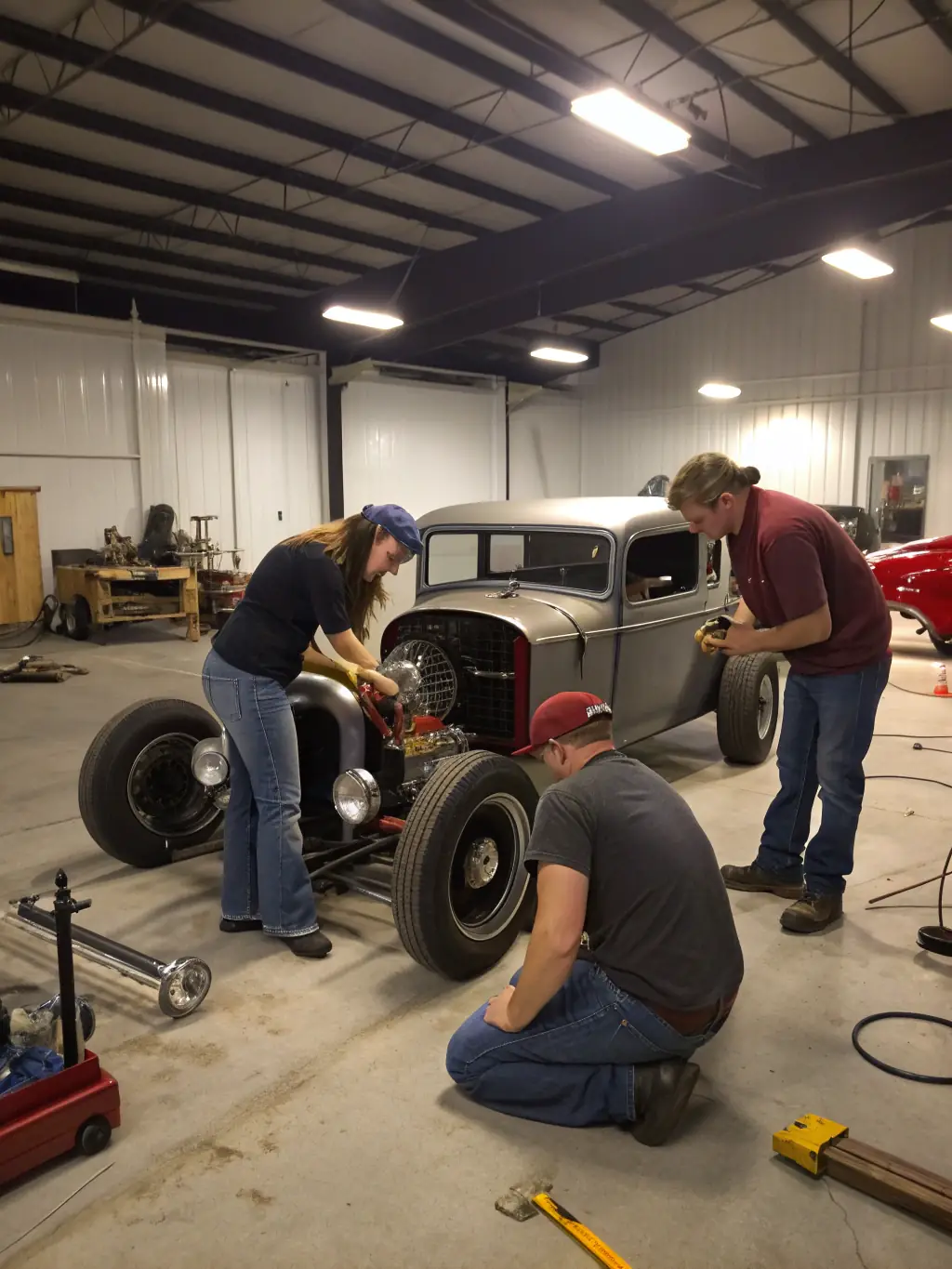A diverse group of PRT PORTIER RACING TEAM members working together on a race car in the pit, emphasizing teamwork and collaboration.