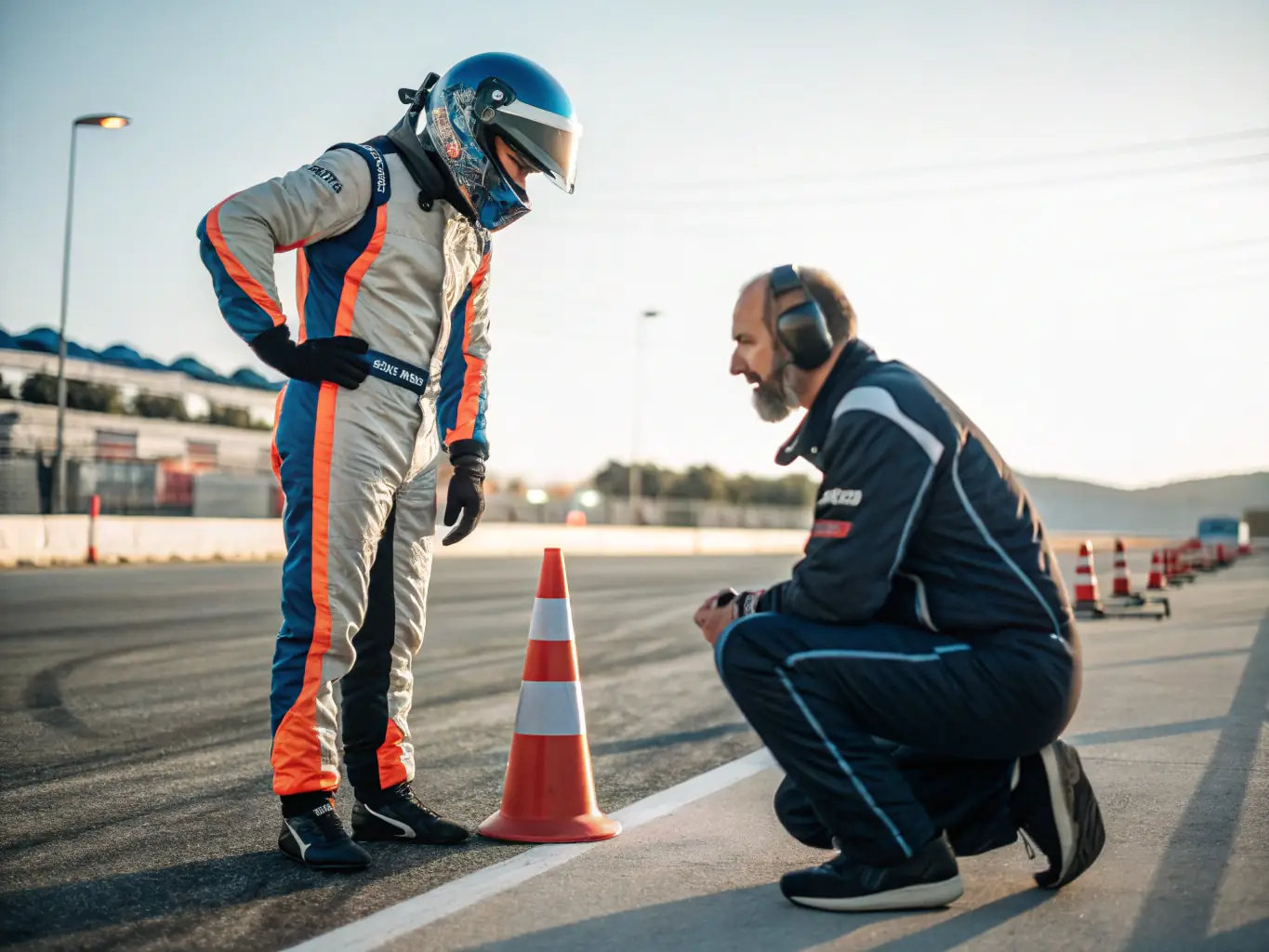 An instructor guiding a driver through a training exercise on a race track, demonstrating the structured approach of PRT PORTIER RACING TEAM's driver training sessions.