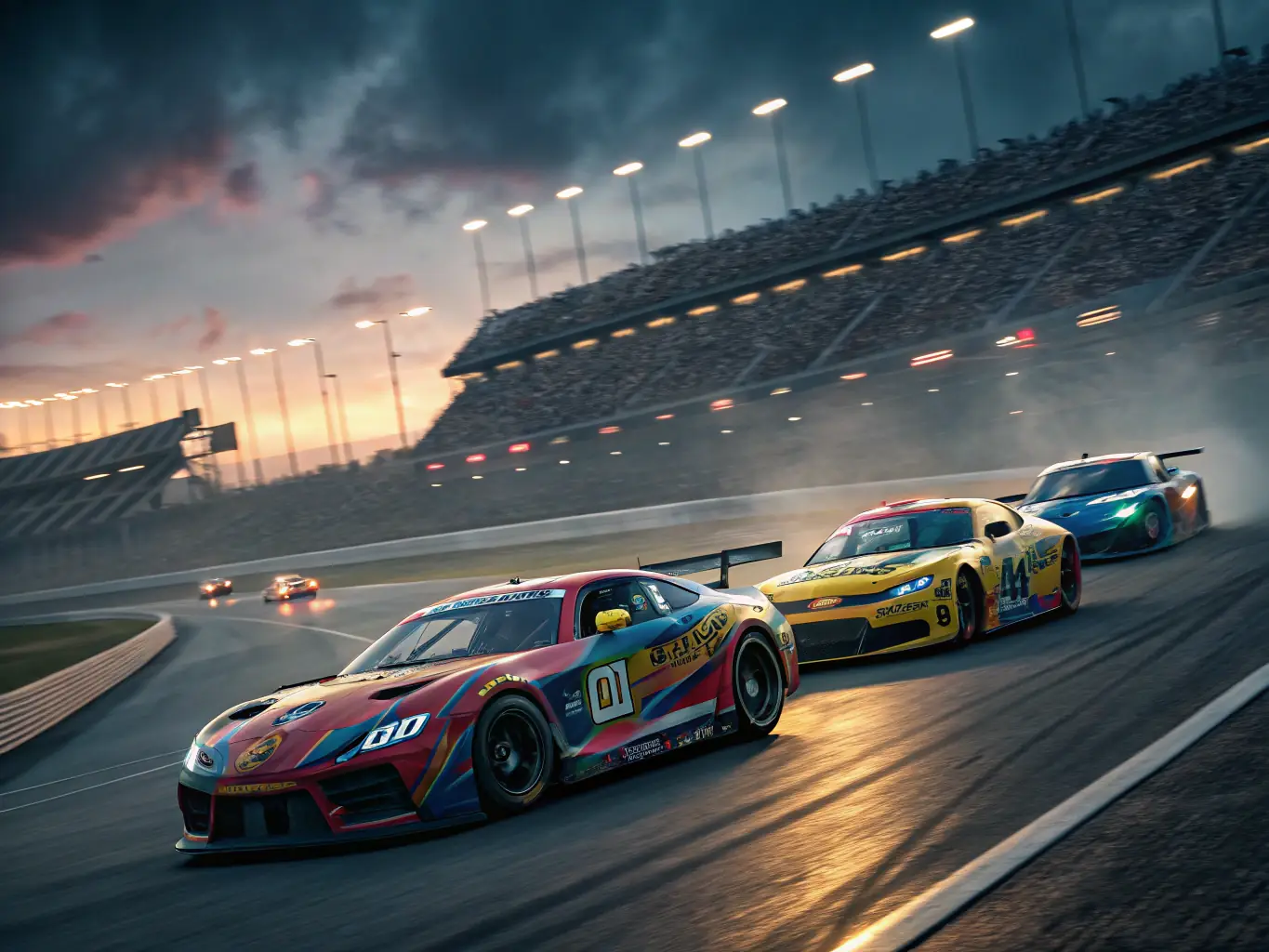 A vibrant image of cars racing on a track with spectators cheering in the background, capturing the excitement of motorsport events organized by PRT PORTIER RACING TEAM.